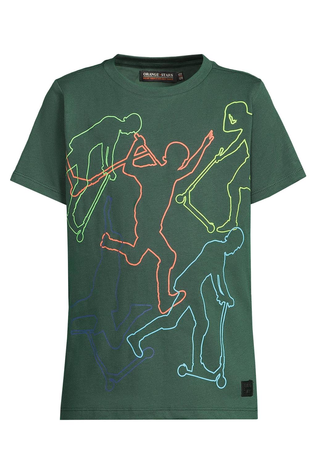 Donkergroene jongens Orange Stars T-shirt van katoen met printopdruk, korte mouwen en ronde hals