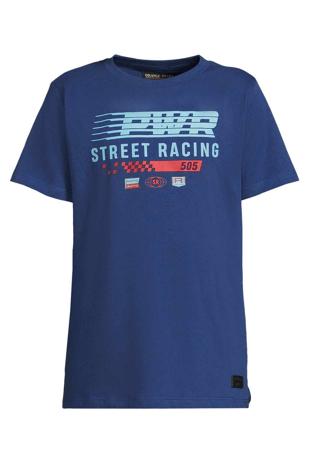Donkerblauwe jongens Orange Stars T-shirt van katoen met backprint, korte mouwen en ronde hals