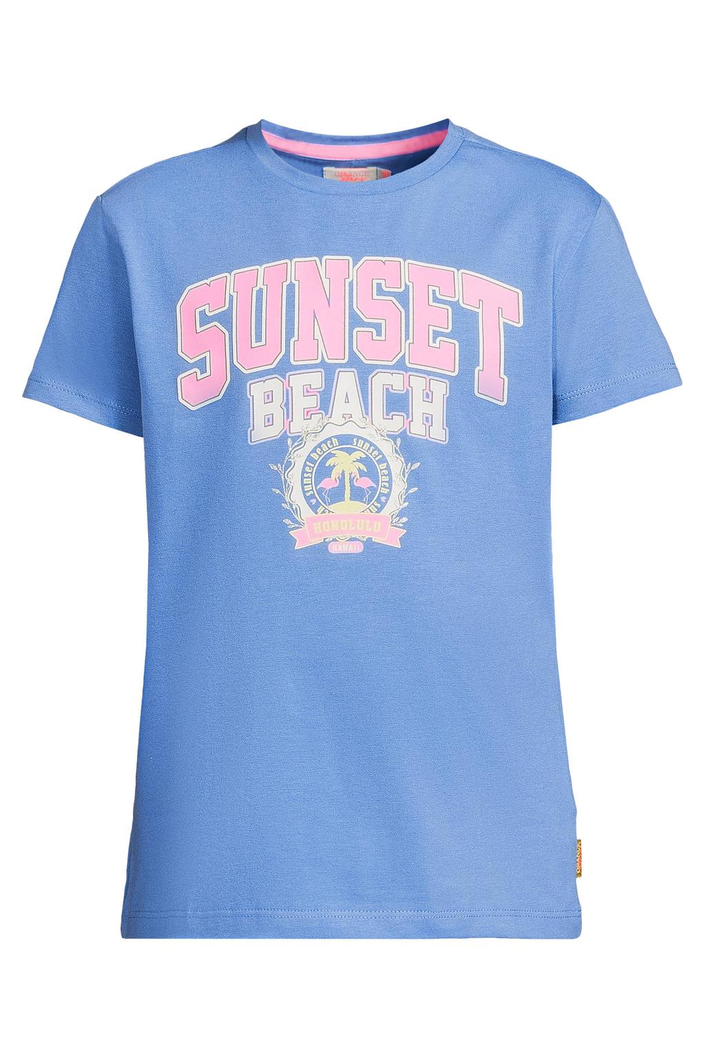 Blauwe meisjes Orange Stars T-shirt van katoen met printopdruk, korte mouwen en ronde hals