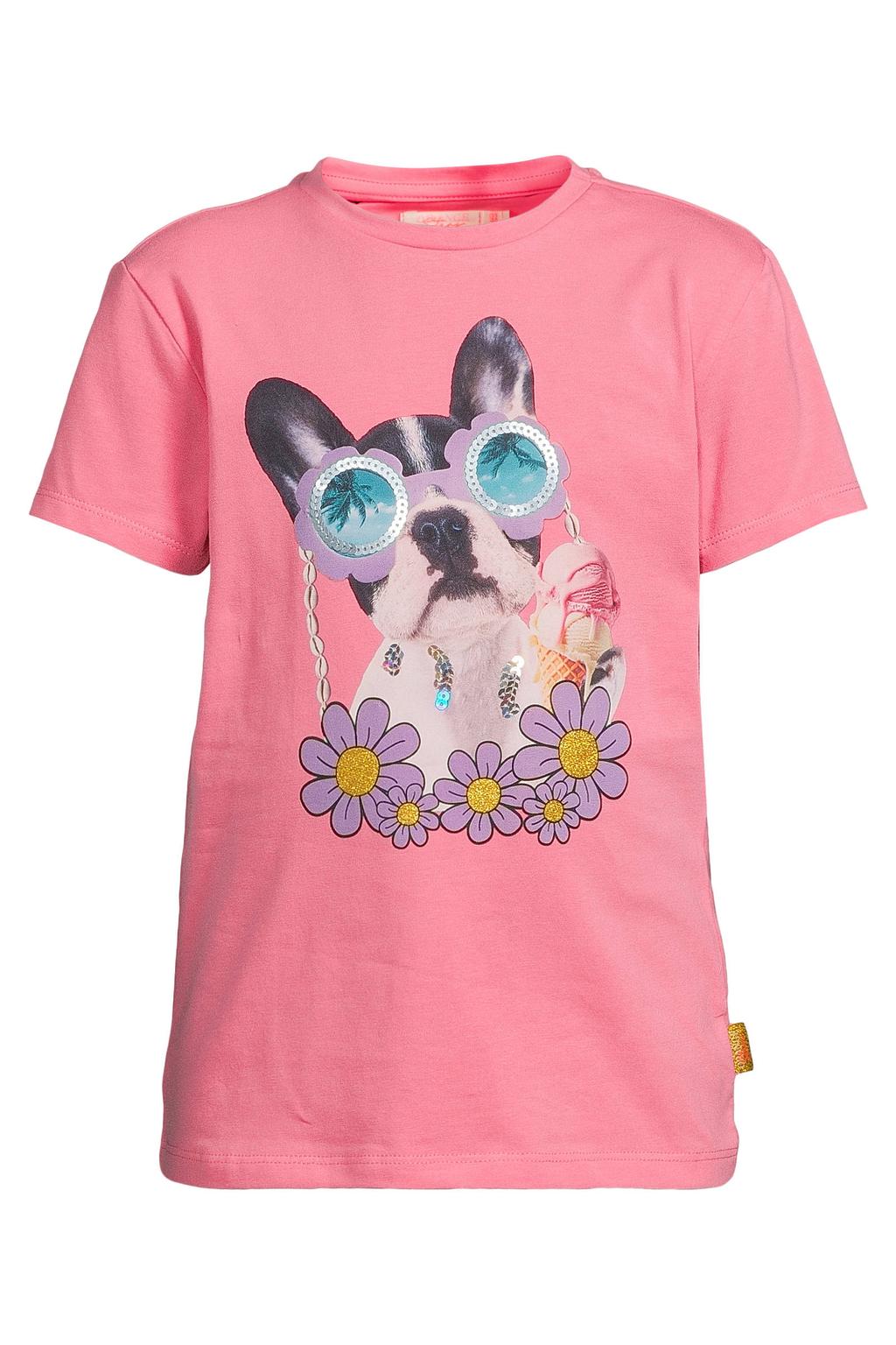Roze meisjes Orange Stars T-shirt van stretchkatoen met printopdruk, korte mouwen, ronde hals en pailletten