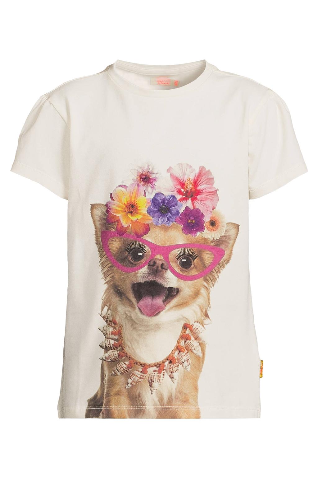 Ecru meisjes Orange Stars T-shirt van stretchkatoen met printopdruk, korte mouwen en ronde hals