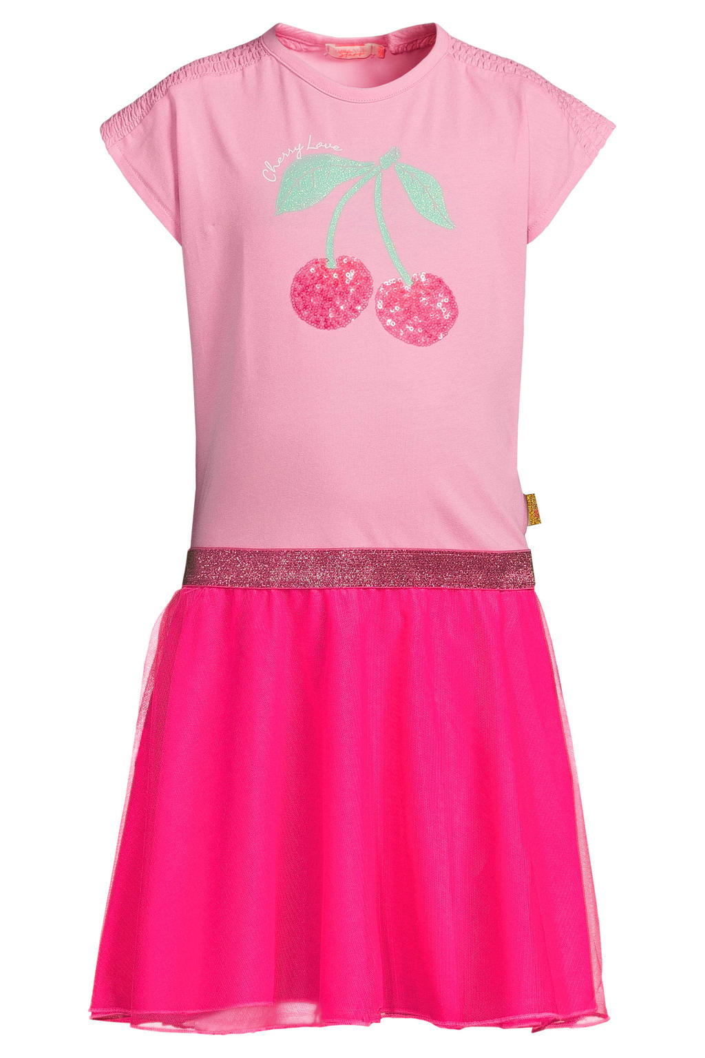 Roze en fuchsia meisjes Orange Stars midi jurk van stretchkatoen met meerkleurige print, korte mouwen en ronde hals