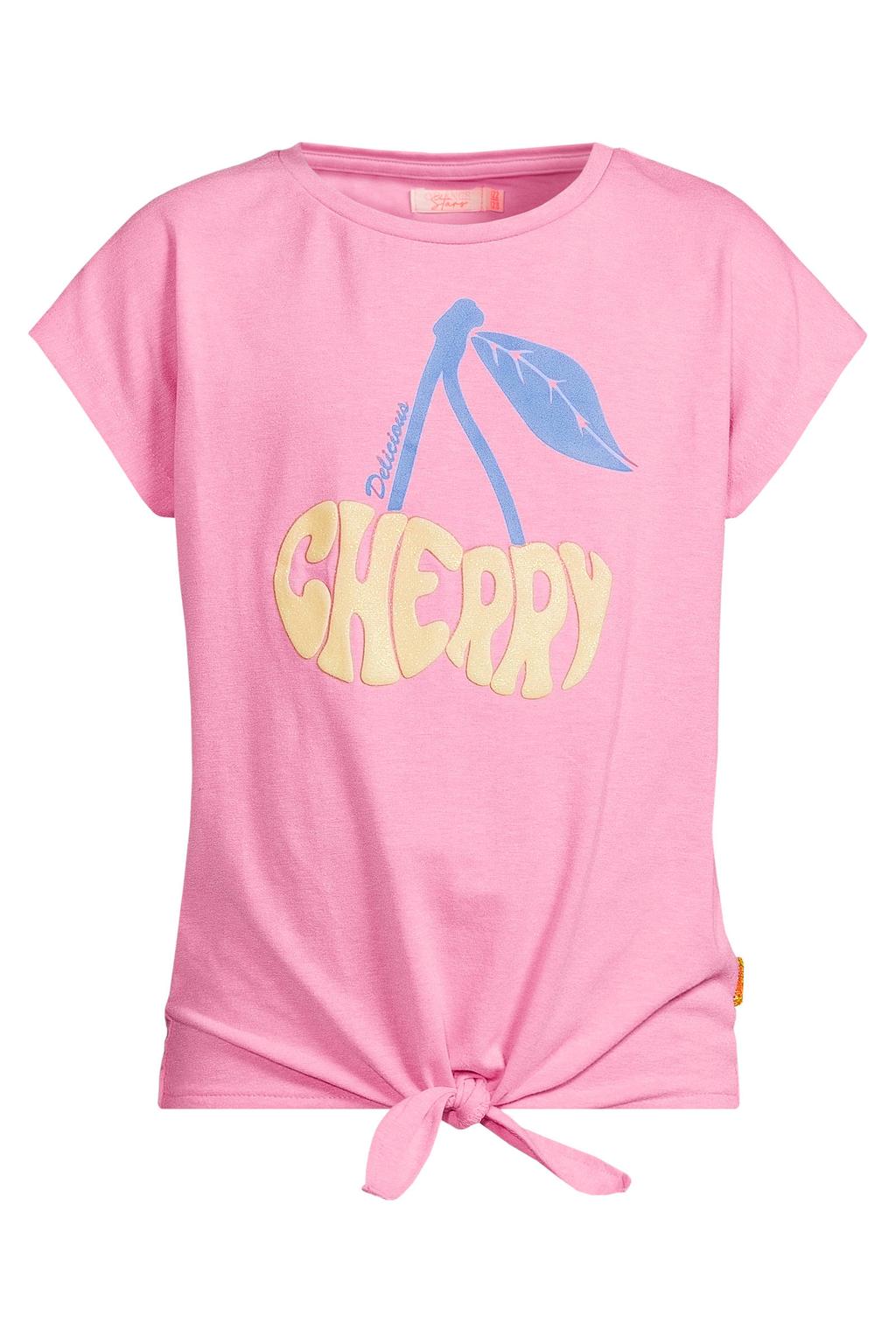 Roze meisjes Orange Stars T-shirt van katoen met printopdruk, korte mouwen, ronde hals en knoopdetail