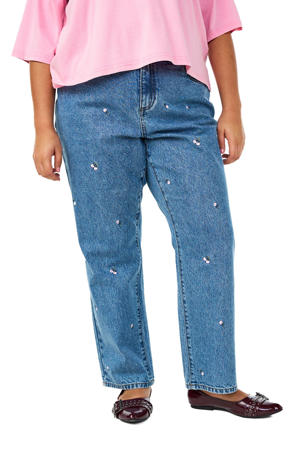 high waist straight leg jeans medium blue denim