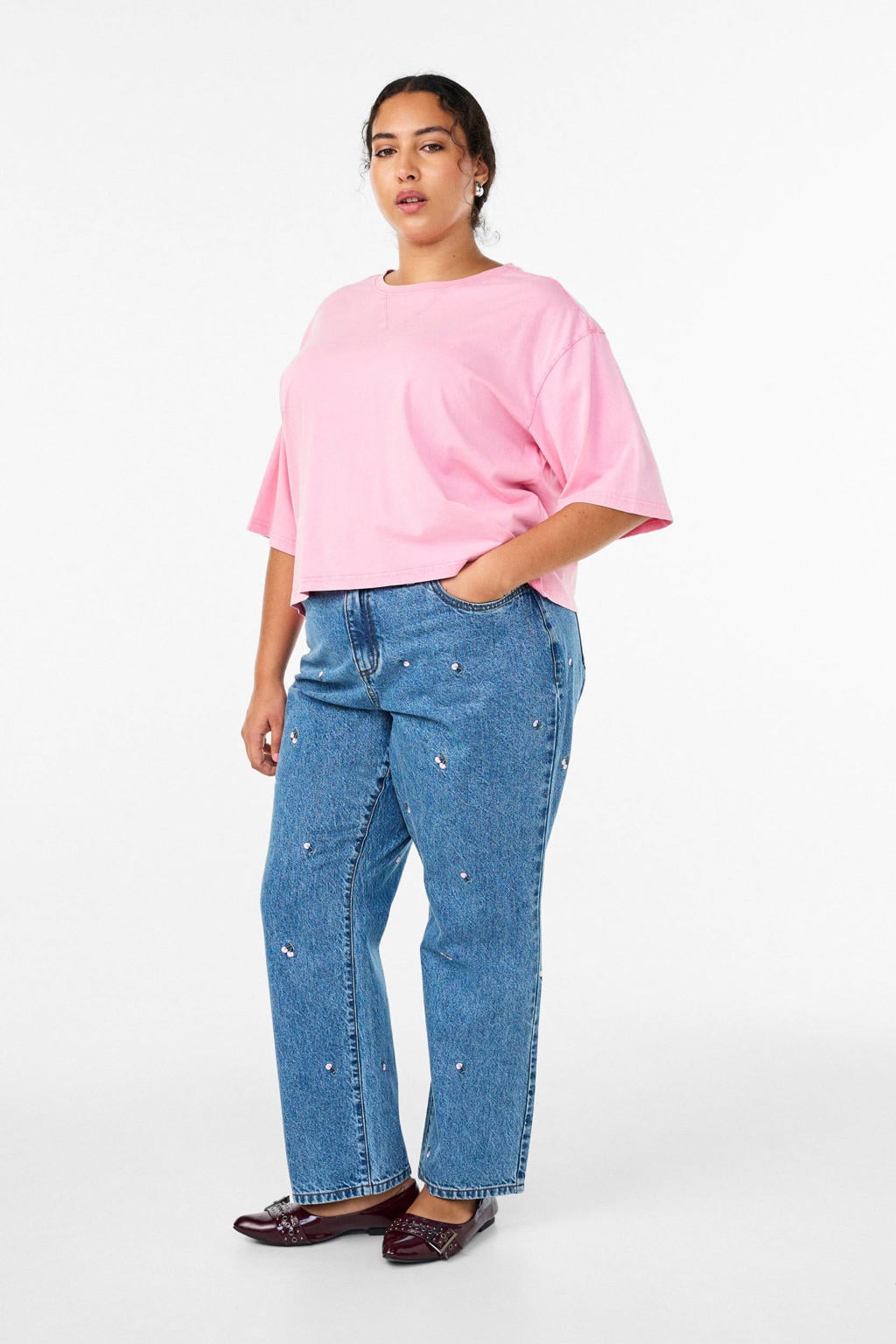 Medium blue denim dames Zizzi high waist straight leg jeans van katoen met rits- en knoopsluiting en effen