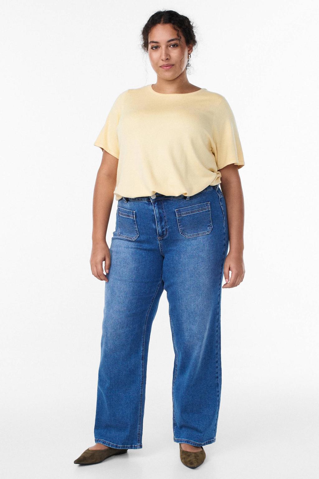 Medium blue denim dames Zizzi straight leg jeans van katoen met rits- en knoopsluiting en effen