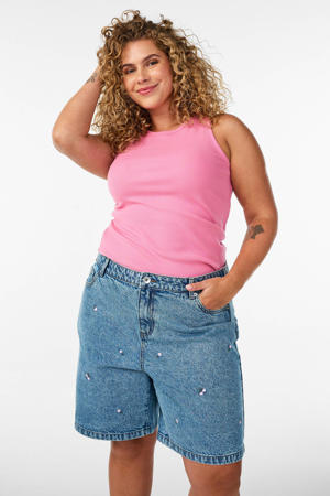 straight regular waist denim short met hartjes medium blue denim