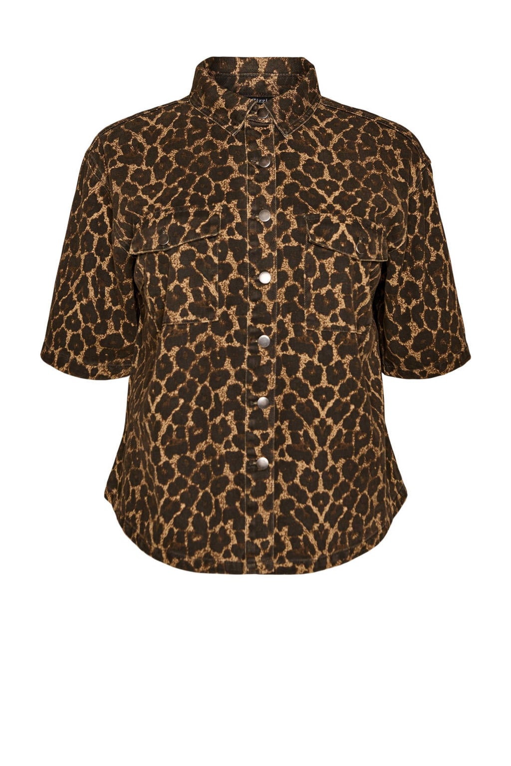 Zwart en bruine dames Zizzi top met dierenprint, korte mouwen en klassieke kraag