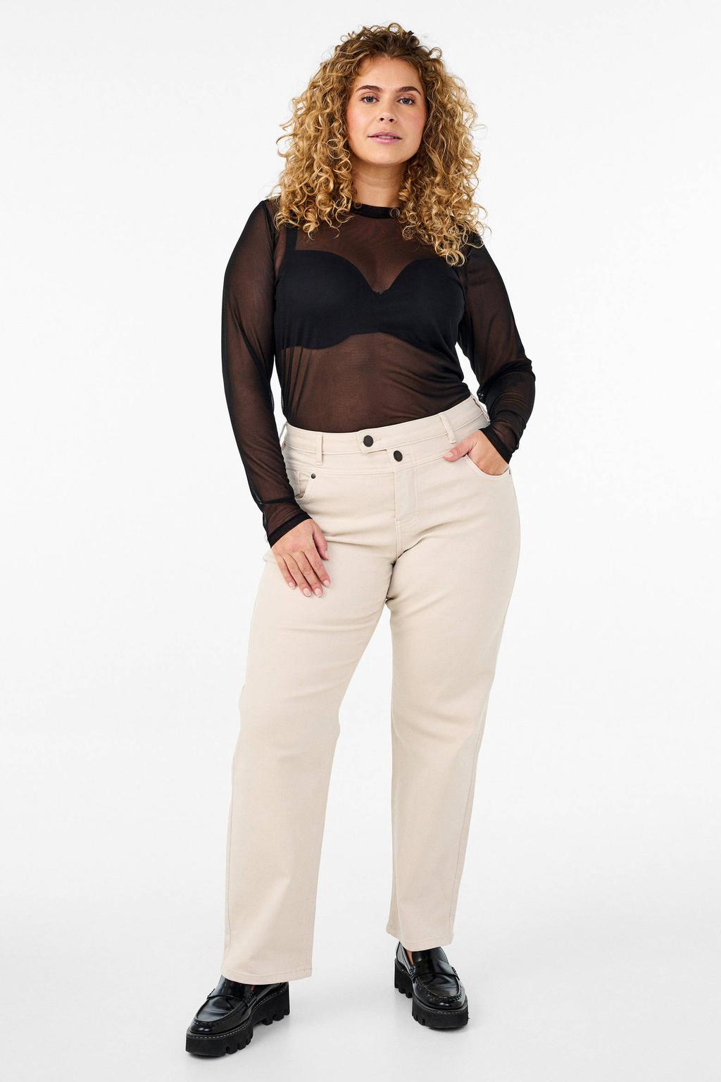 Beige dames Zizzi high waist straight leg jeans van denim met rits- en knoopsluiting en effen