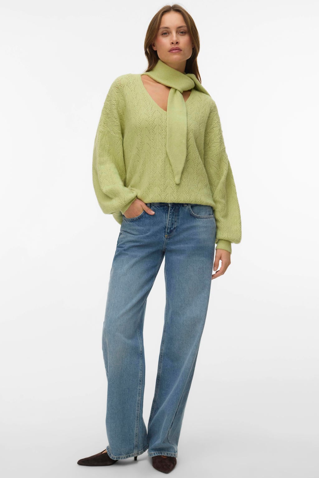Lichtgroene dames VERO MODA x Noor de Groot gebreide trui ajour van polyester met lange mouwen en sjaalkraag
