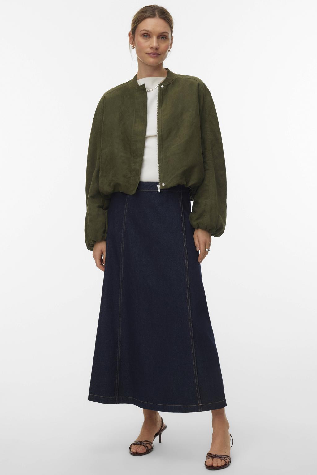 Olijfgroene dames VERO MODA bomberjack van suèdelook met effen, lange mouwen, ronde hals, ritssluiting en geweven detail