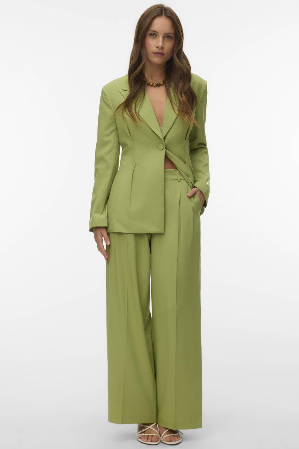 Lichtgroene dames VERO MODA x Noor de Groot wide leg high waist pantalon met rits- en haaksluiting
