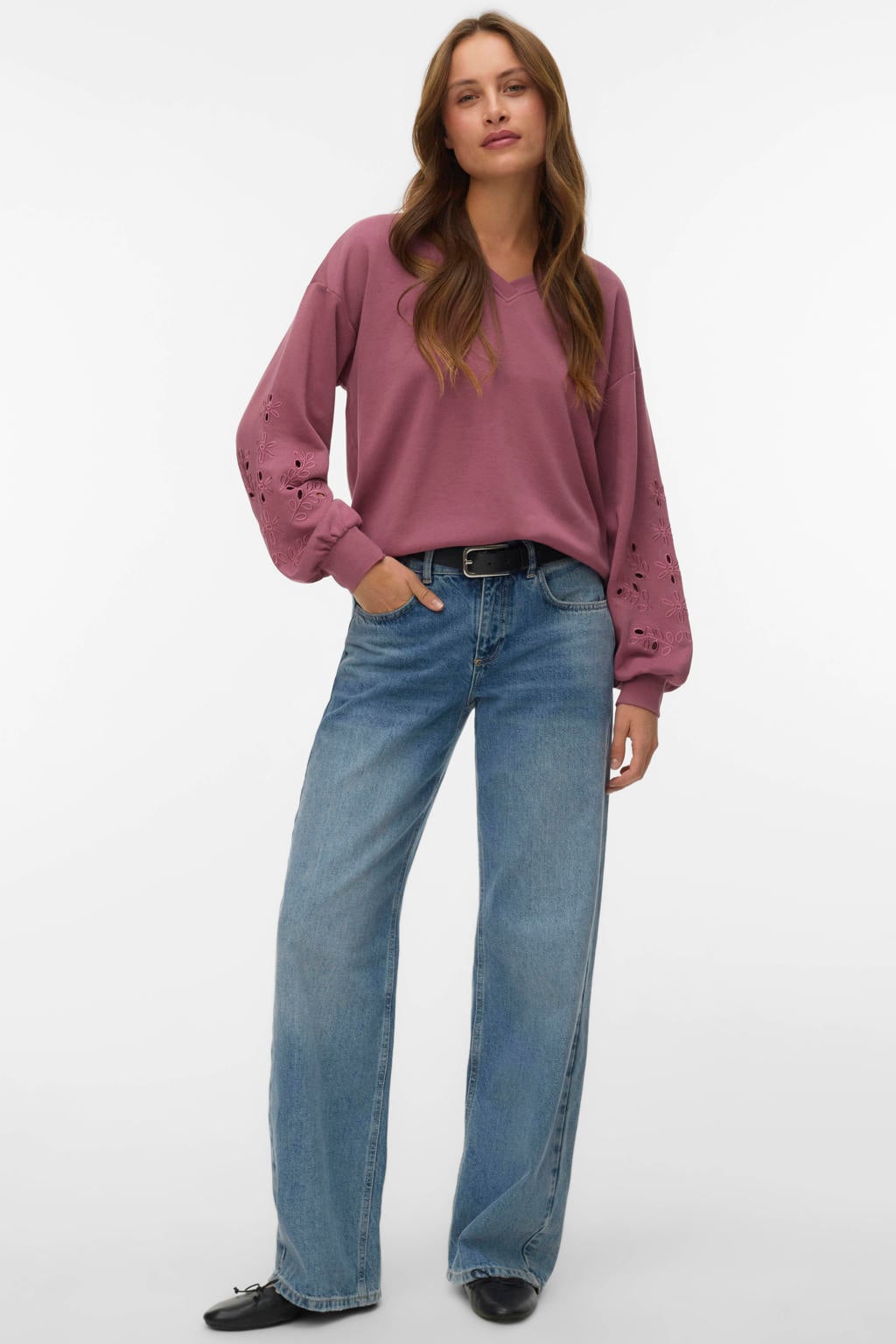 Roze dames VERO MODA x Noor de Groot sweater van polyester met lange mouwen, V-hals en borduursels