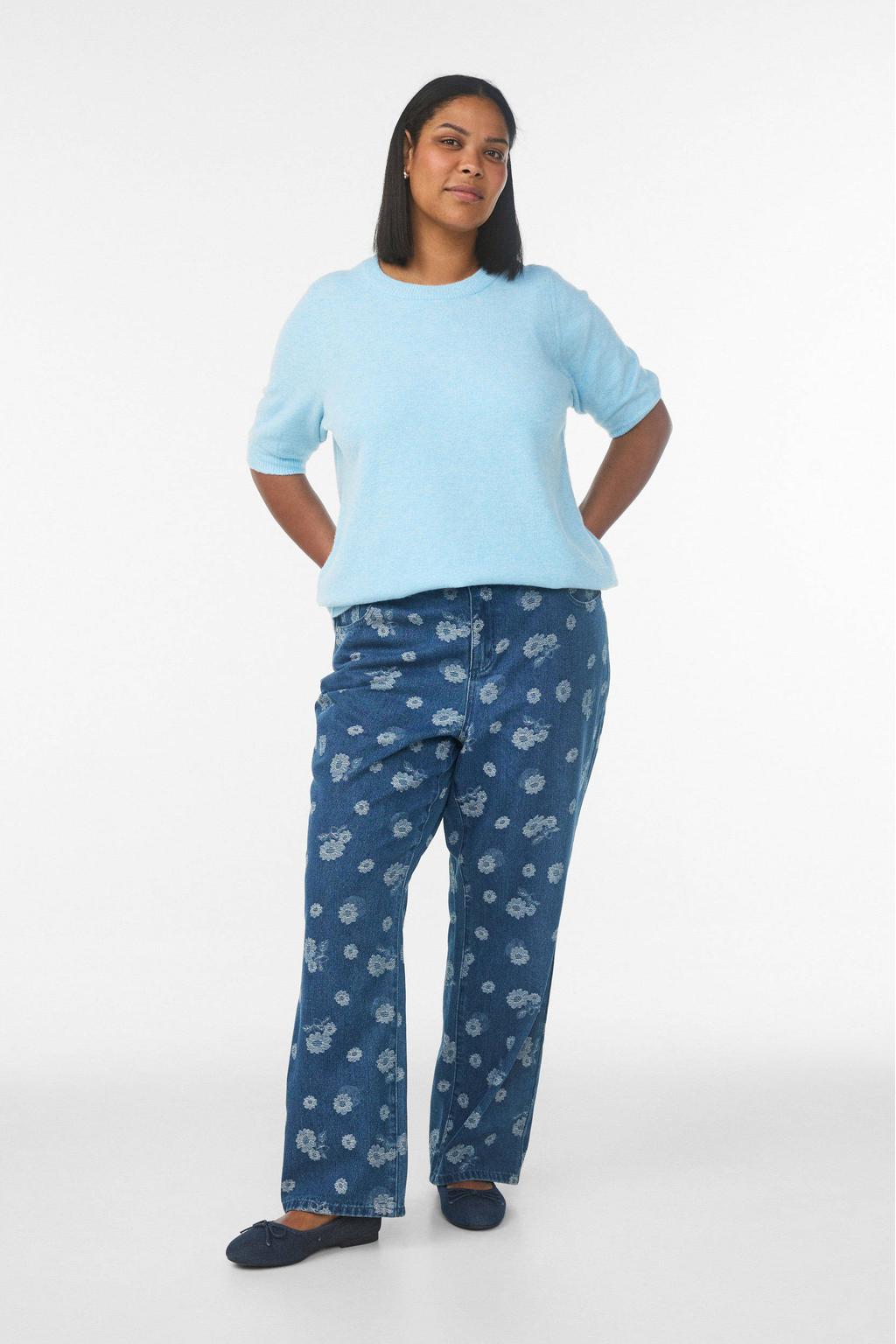 Medium blue denim dames Zizzi high waist gebloemde wide leg jeans van denim met rits- en knoopsluiting en riemlussen