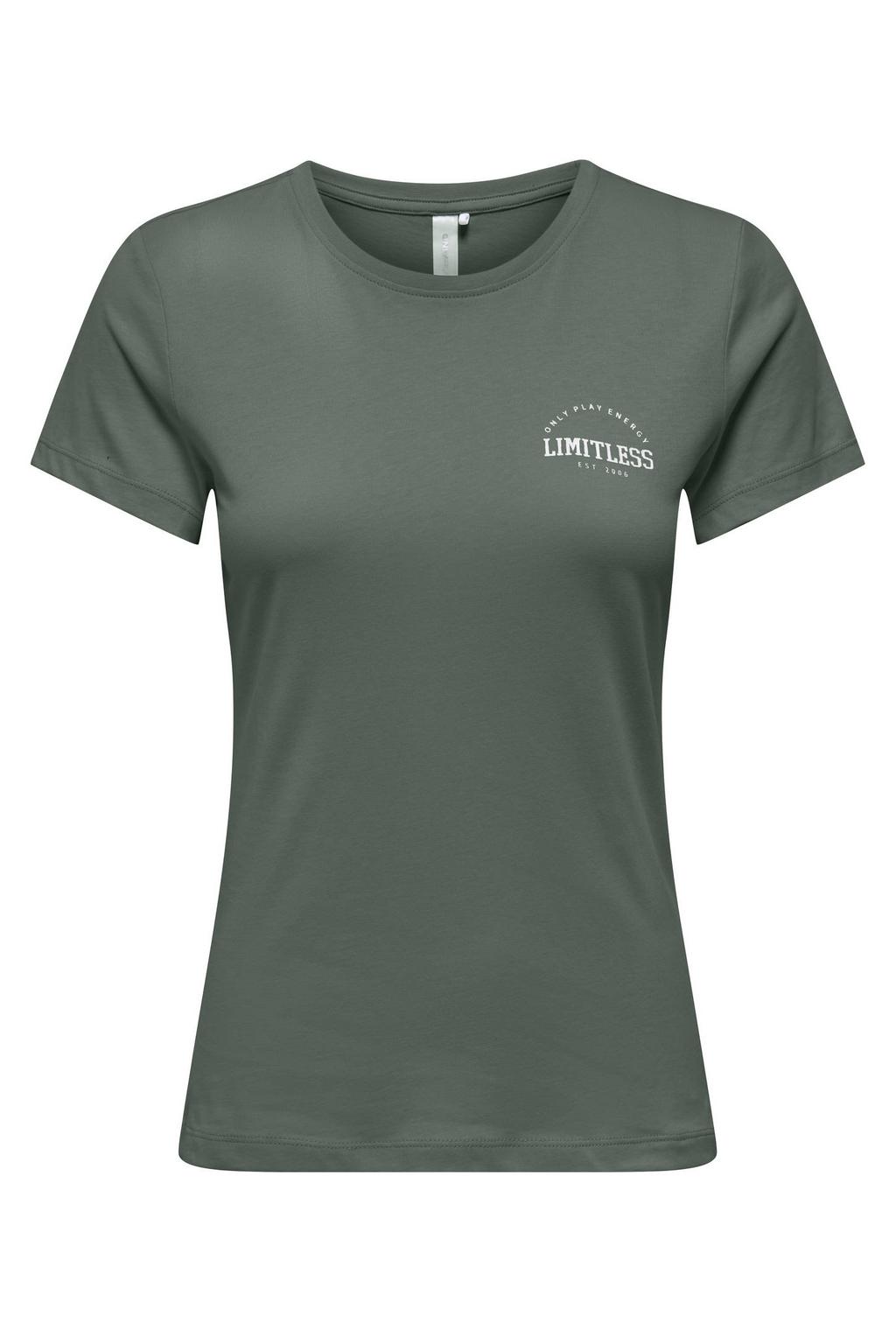 Olijfgroene dames ONLY PLAY sportshirt van katoen met printopdruk, korte mouwen en ronde hals