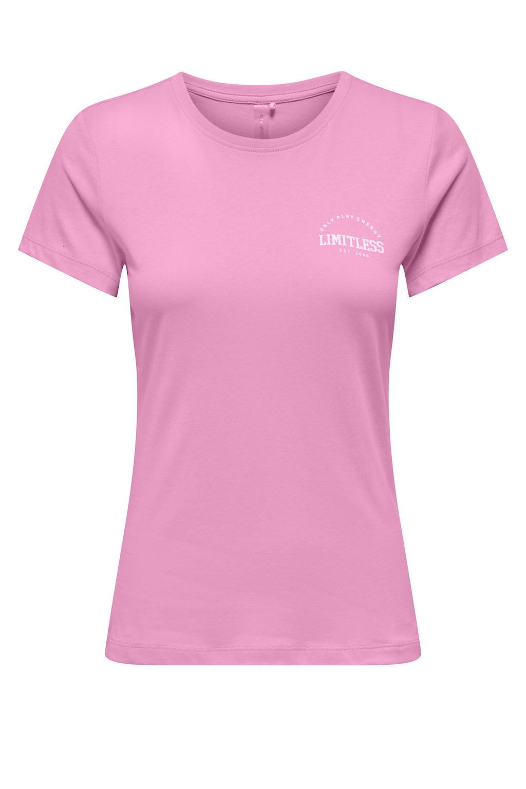 Lichtroze dames ONLY PLAY sportshirt van katoen met printopdruk, korte mouwen en ronde hals