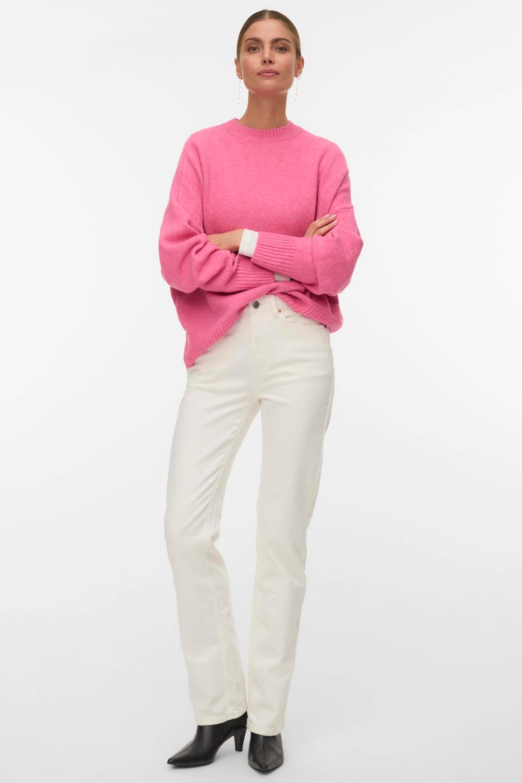 Roze dames VERO MODA trui gebreid van polyester met effen, lange mouwen en ronde hals