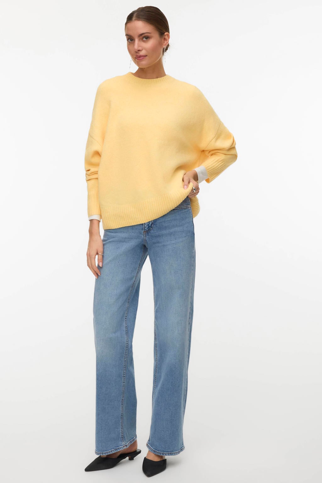 Gele dames VERO MODA trui gebreid van polyester met effen, lange mouwen en ronde hals