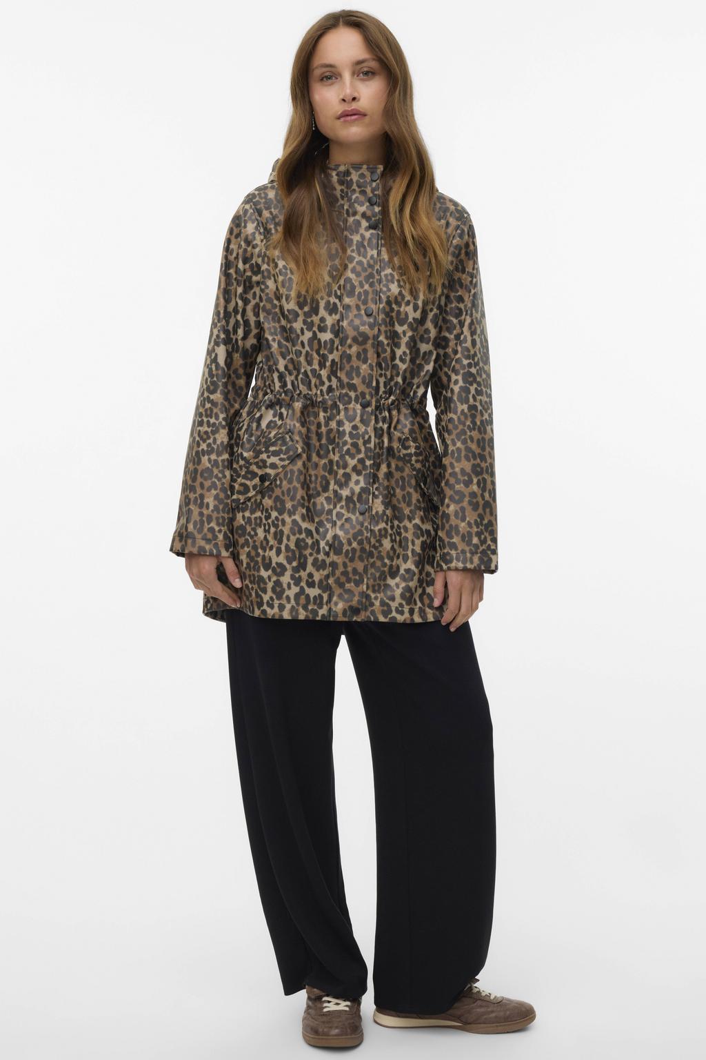Bruine dames VERO MODA regenjas van polyester met dierenprint, lange mouwen, capuchon en ritssluiting