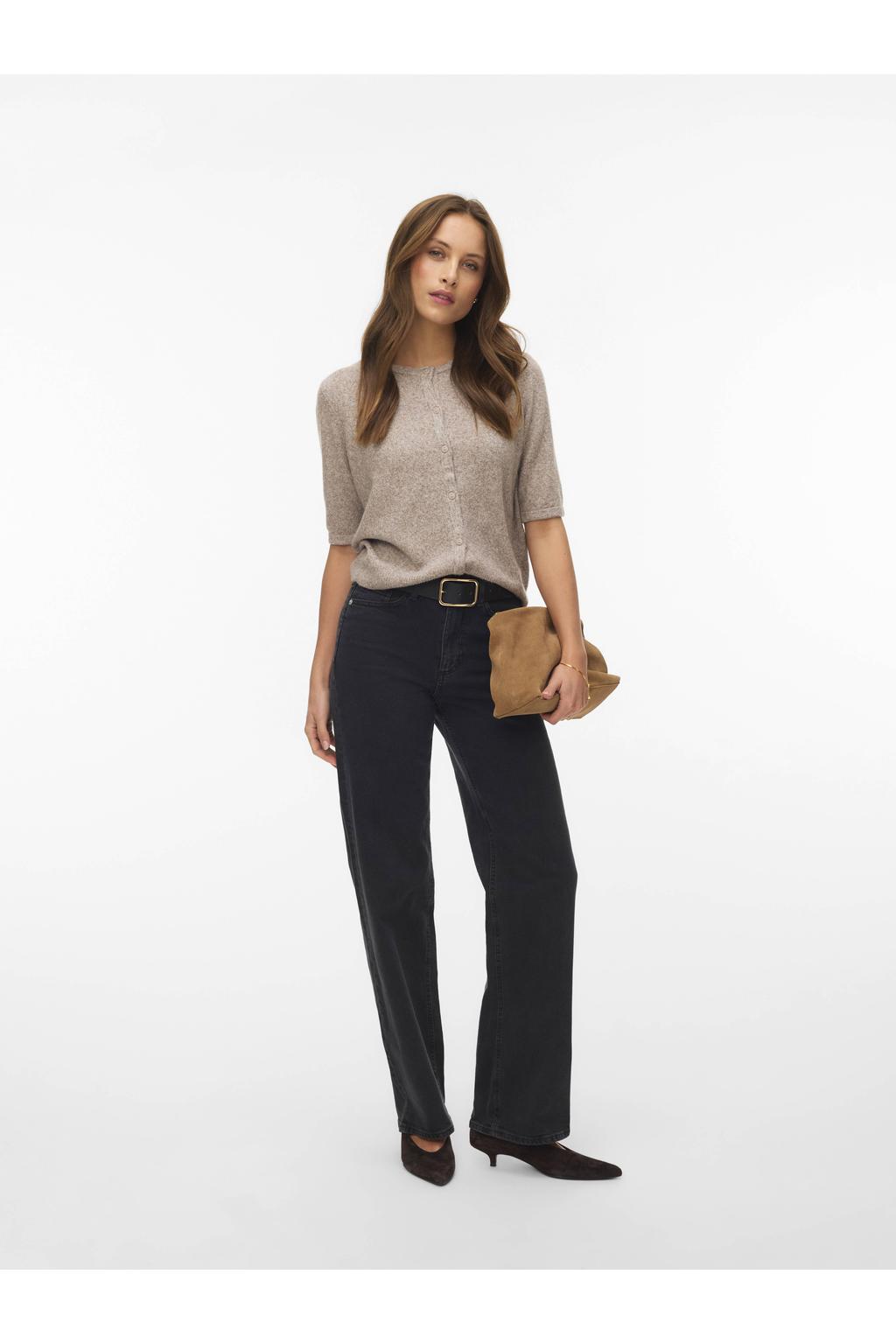 Lichtbruine dames VERO MODA gebreid vest met effen, korte mouwen, ronde hals en knoopsluiting