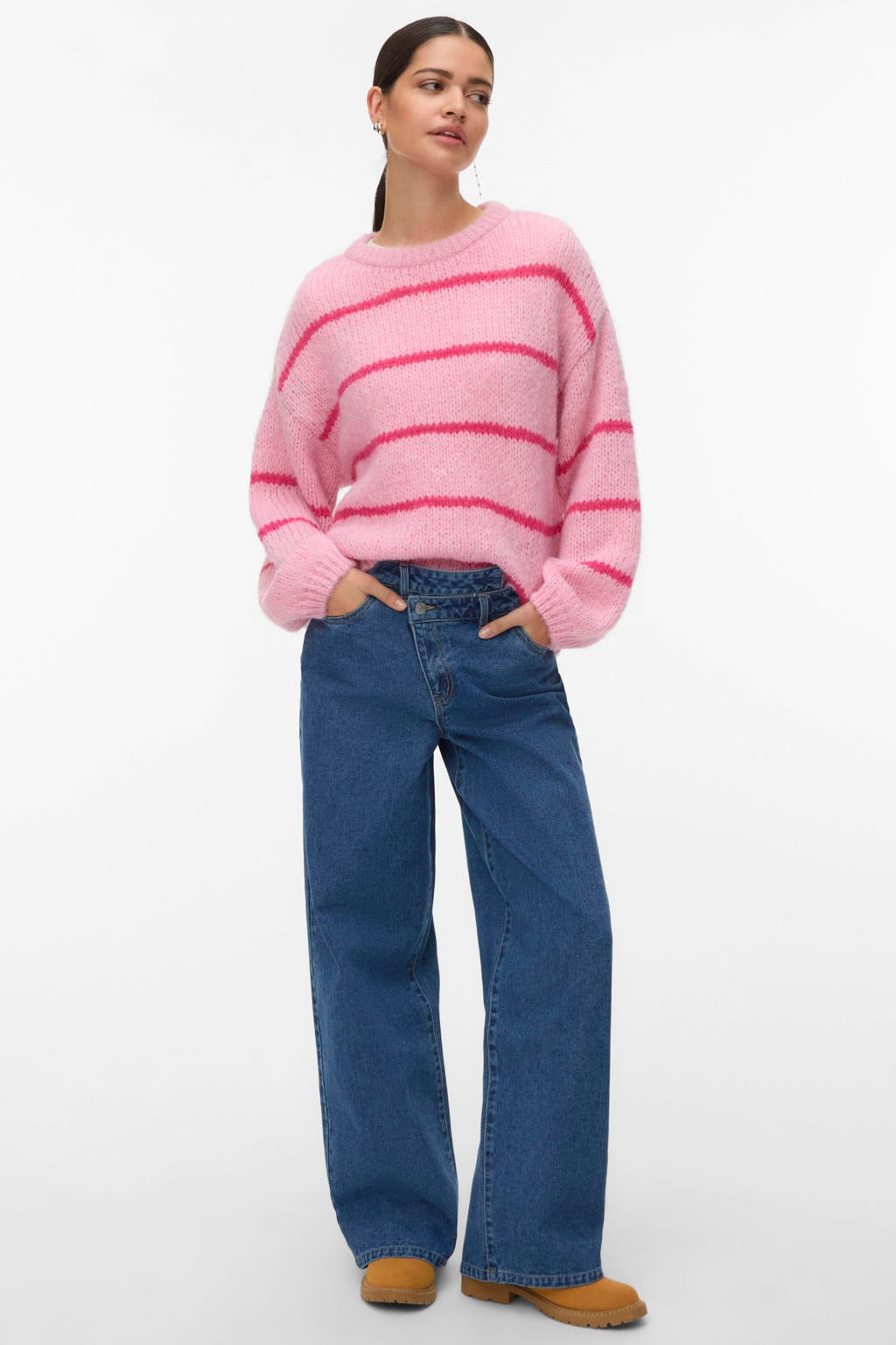 Roze dames VERO MODA gestreepte trui gebreid van polyester met lange mouwen en ronde hals