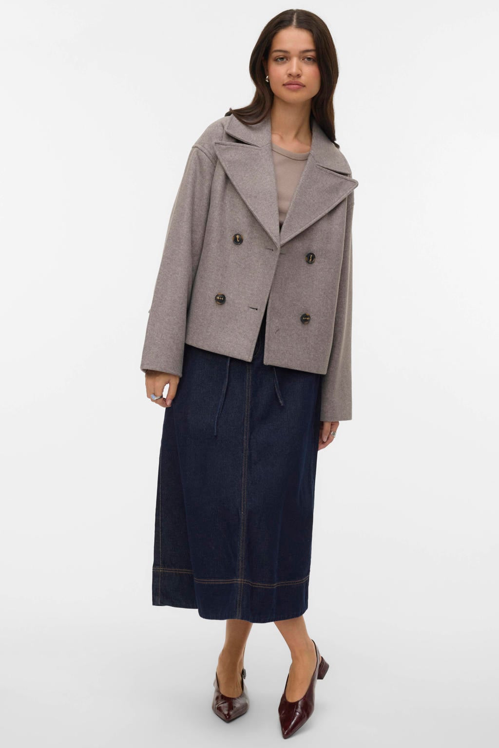 Ecru dames VERO MODA jack van polyester met effen, lange mouwen, V-hals en double breasted sluiting