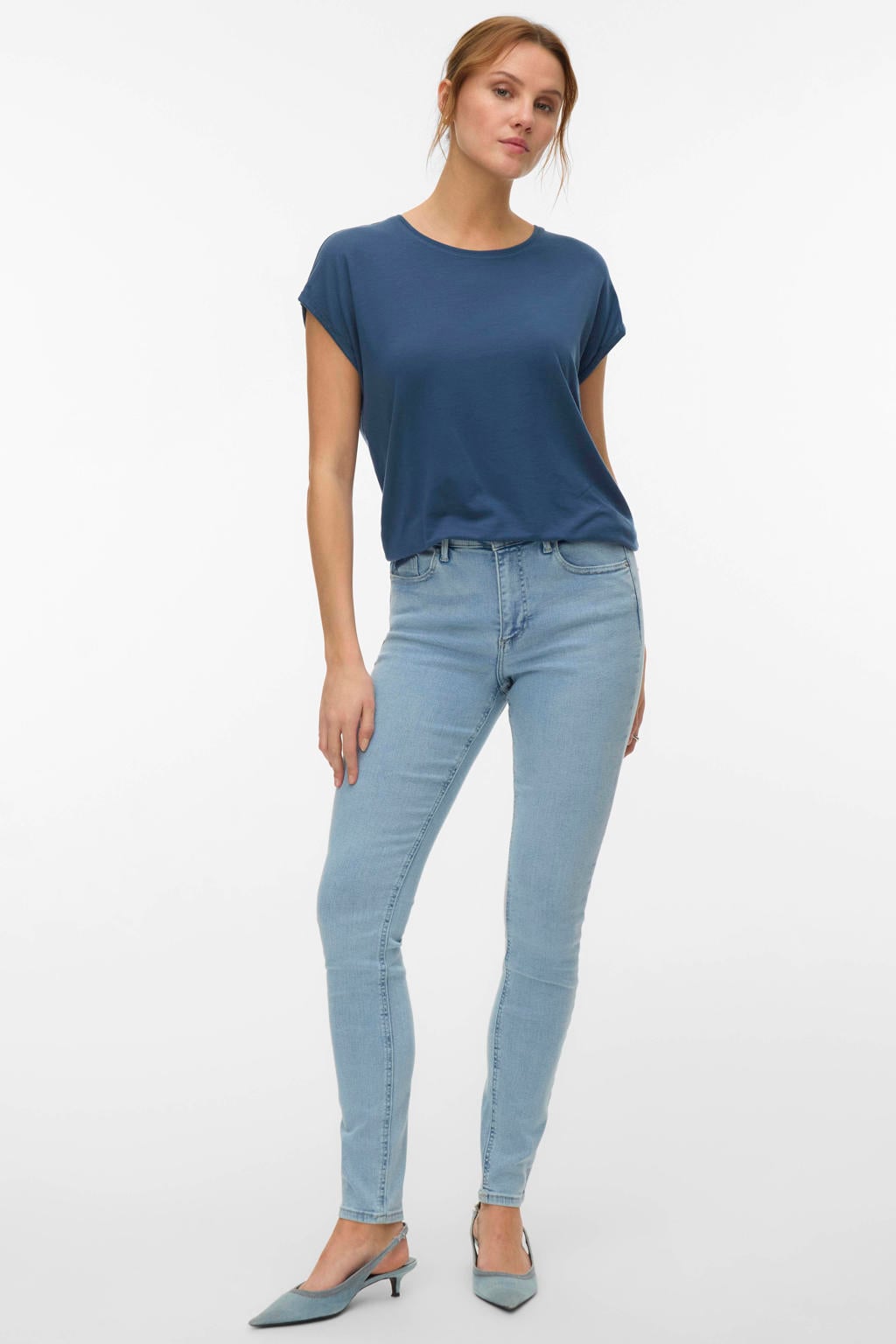 Donkerblauwe dames VERO MODA T-shirt van lyocell met effen, korte mouwen en ronde hals