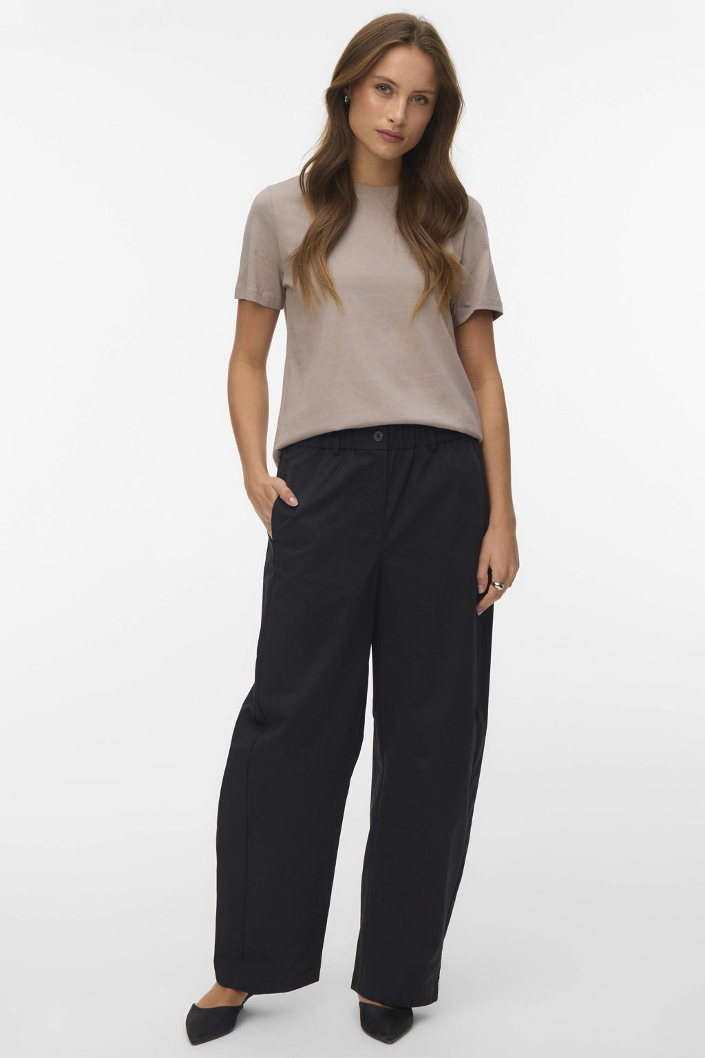 Grijsgroene dames VERO MODA T-shirt van katoen met effen, korte mouwen en ronde hals