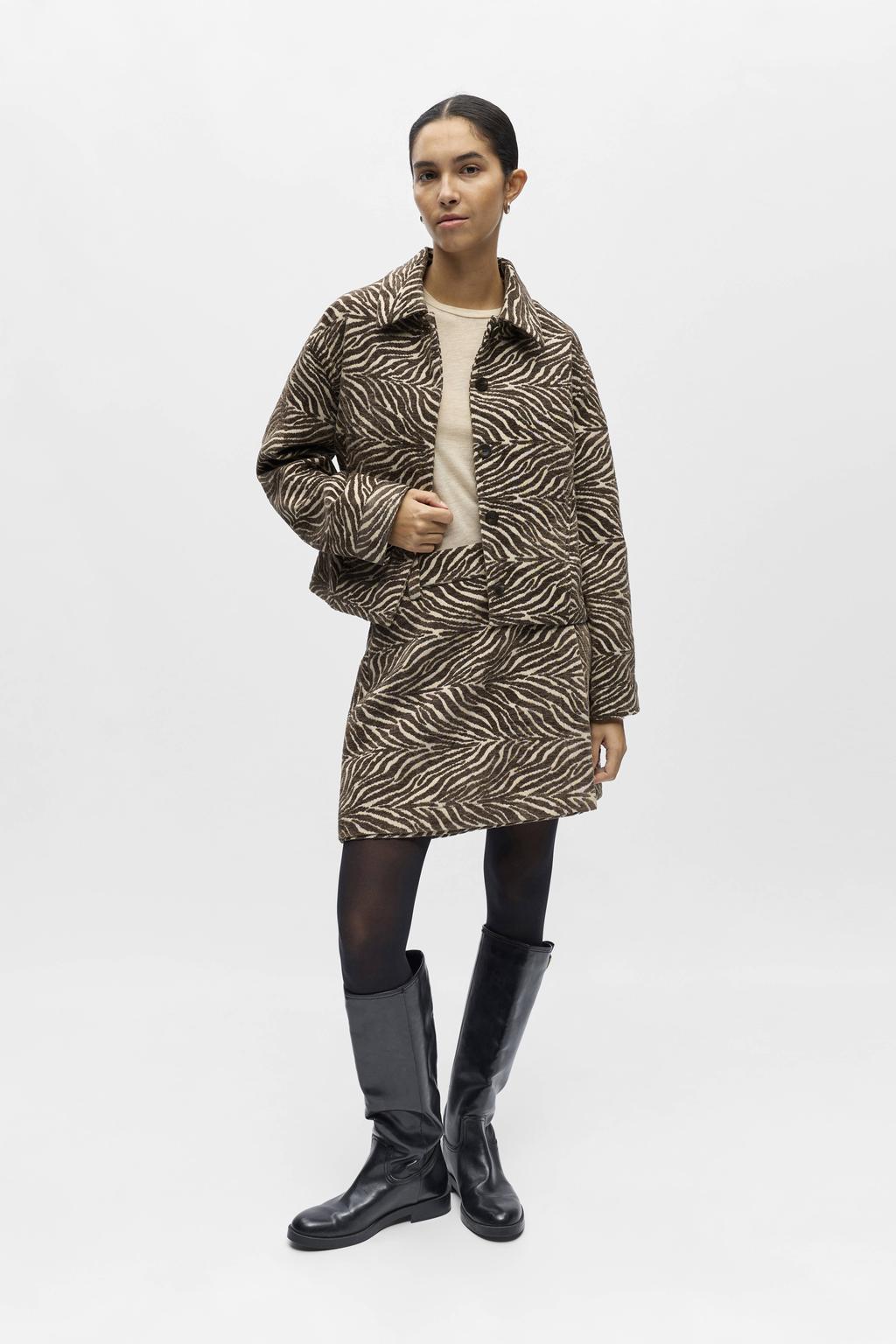 Bruin en ecru dames OBJECT A-lijn rok van polyester met zebraprint, blinde ritssluiting en jacquard