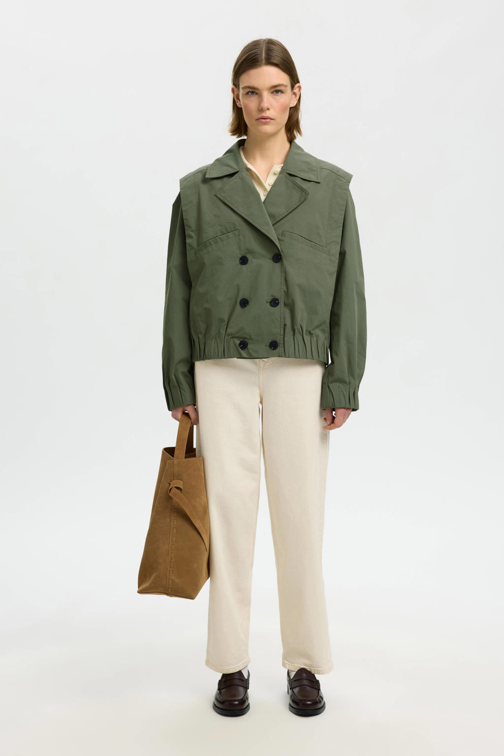 Olijfgroene dames Selected trenchcoat van katoen met effen, lange mouwen, klassieke kraag en double breasted sluiting