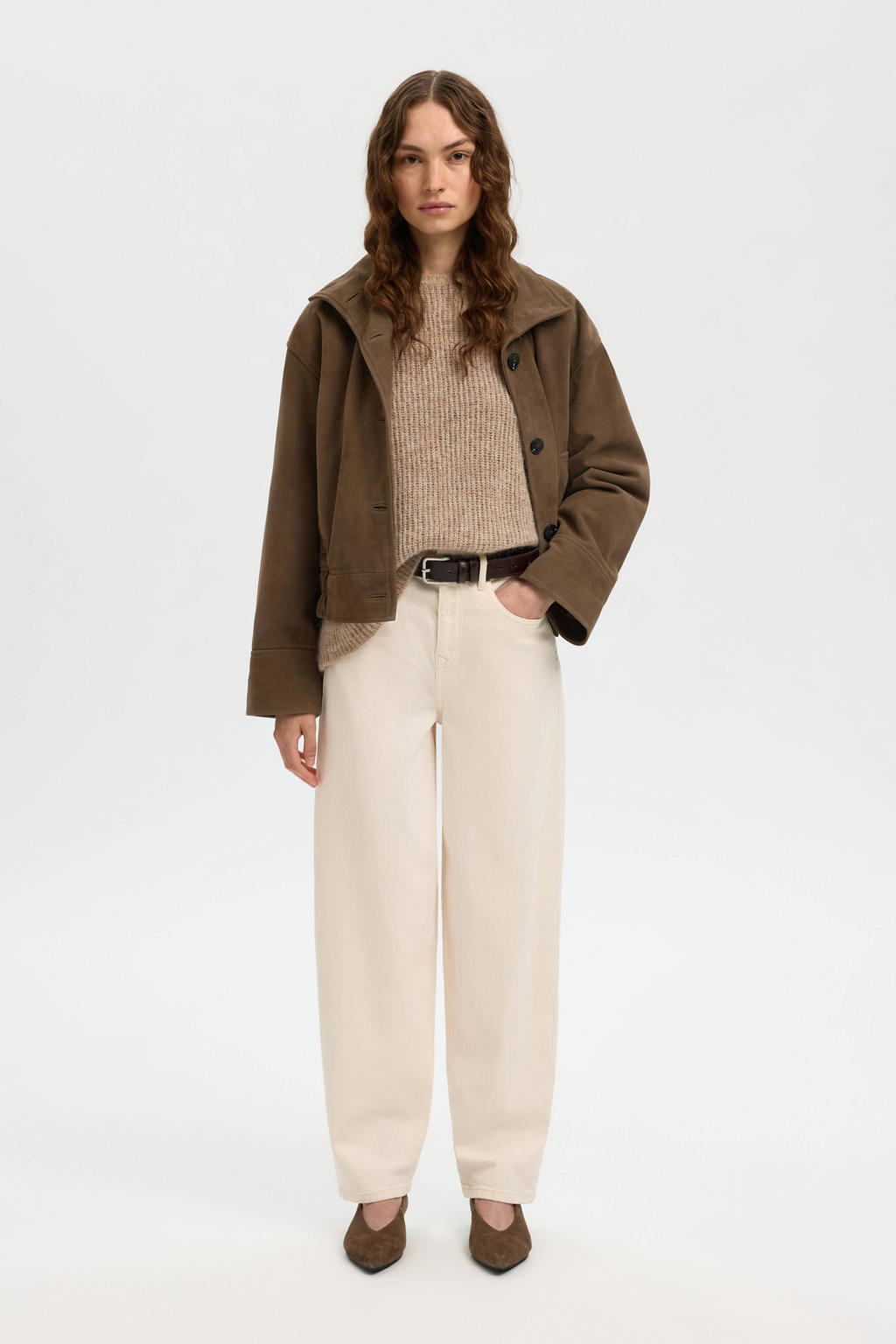 Donkerblauwe dames Selected suede jack met effen, lange mouwen, klassieke kraag en knoopsluiting