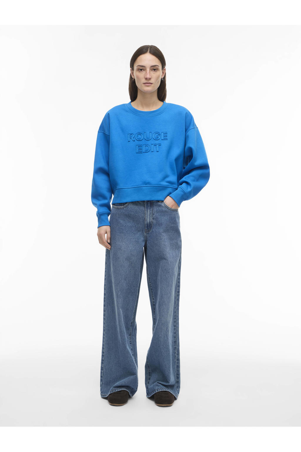 Blauwe dames ROUGE EDIT sweater van katoen met tekst print, lange mouwen en ronde hals