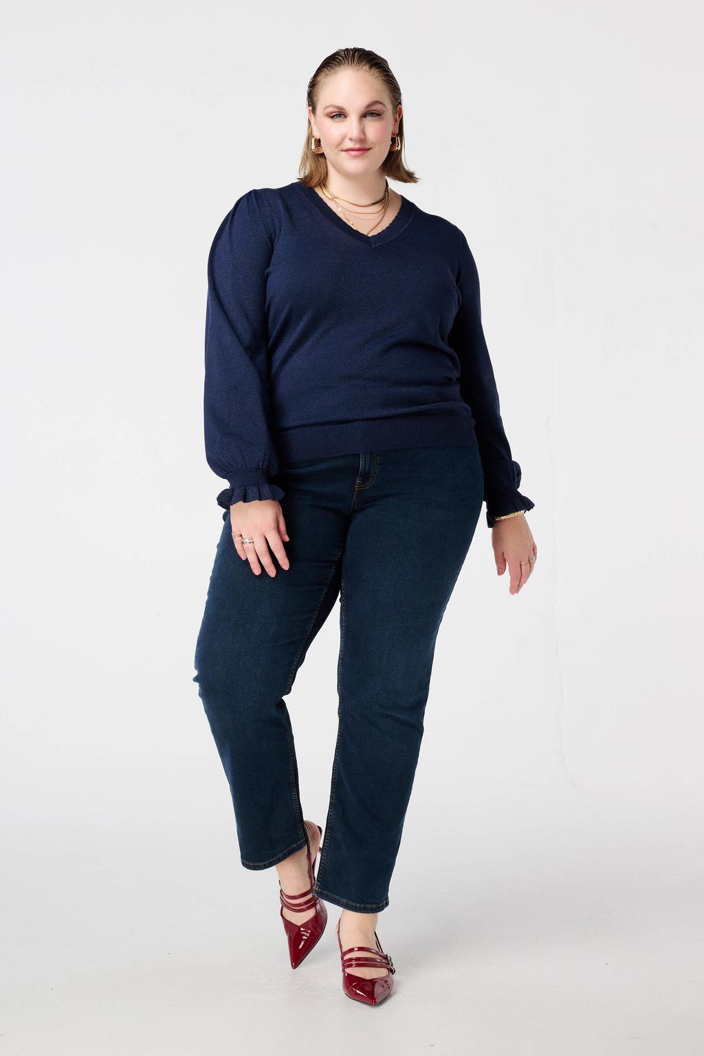 Donkerblauwe dames MS Mode gebreide trui met effen, lange mouwen, klassieke kraag en lurex