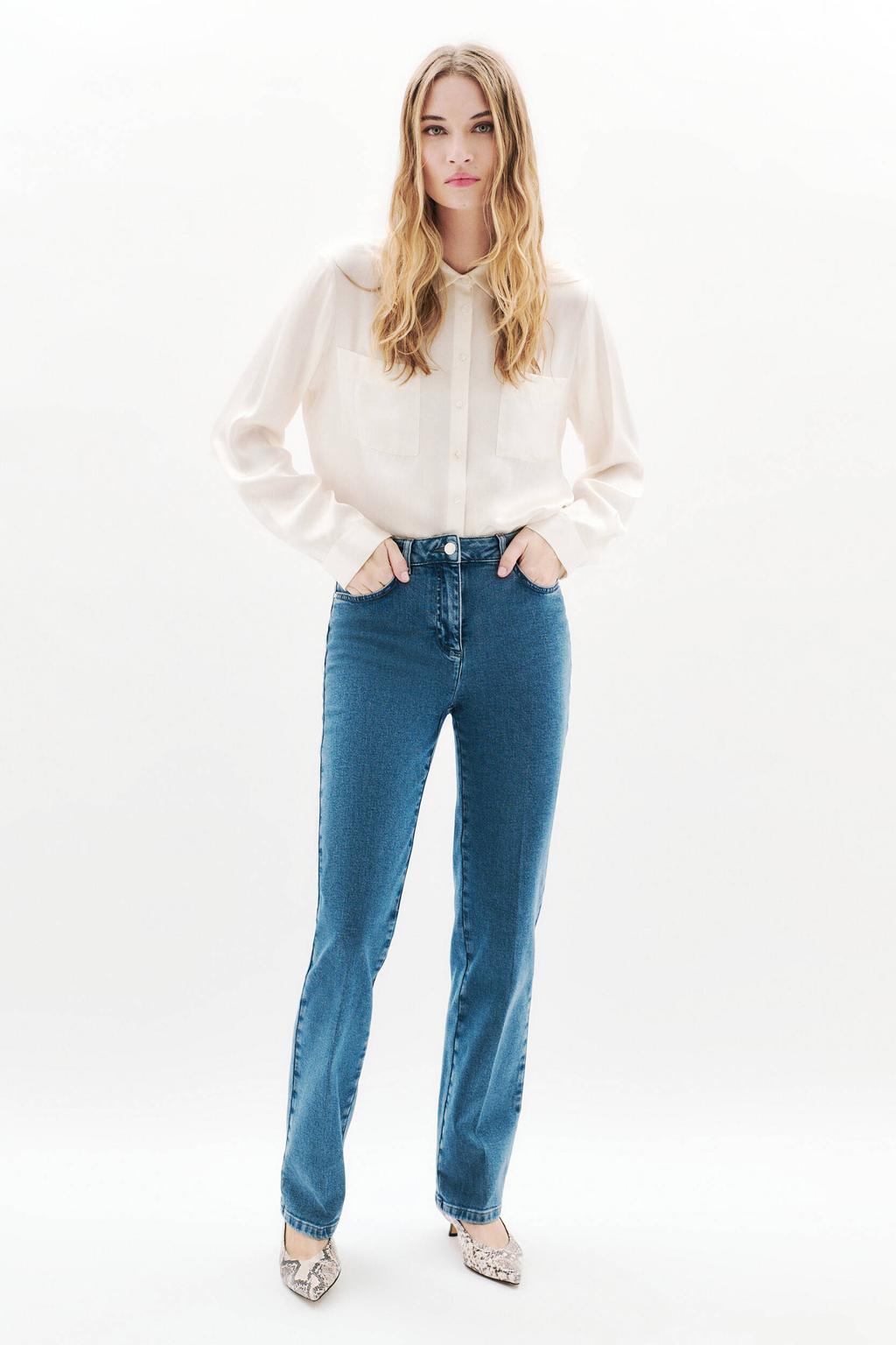 Medium blue denim dames Caroll straight leg jeans middelblauw van denim met rits- en knoopsluiting en effen