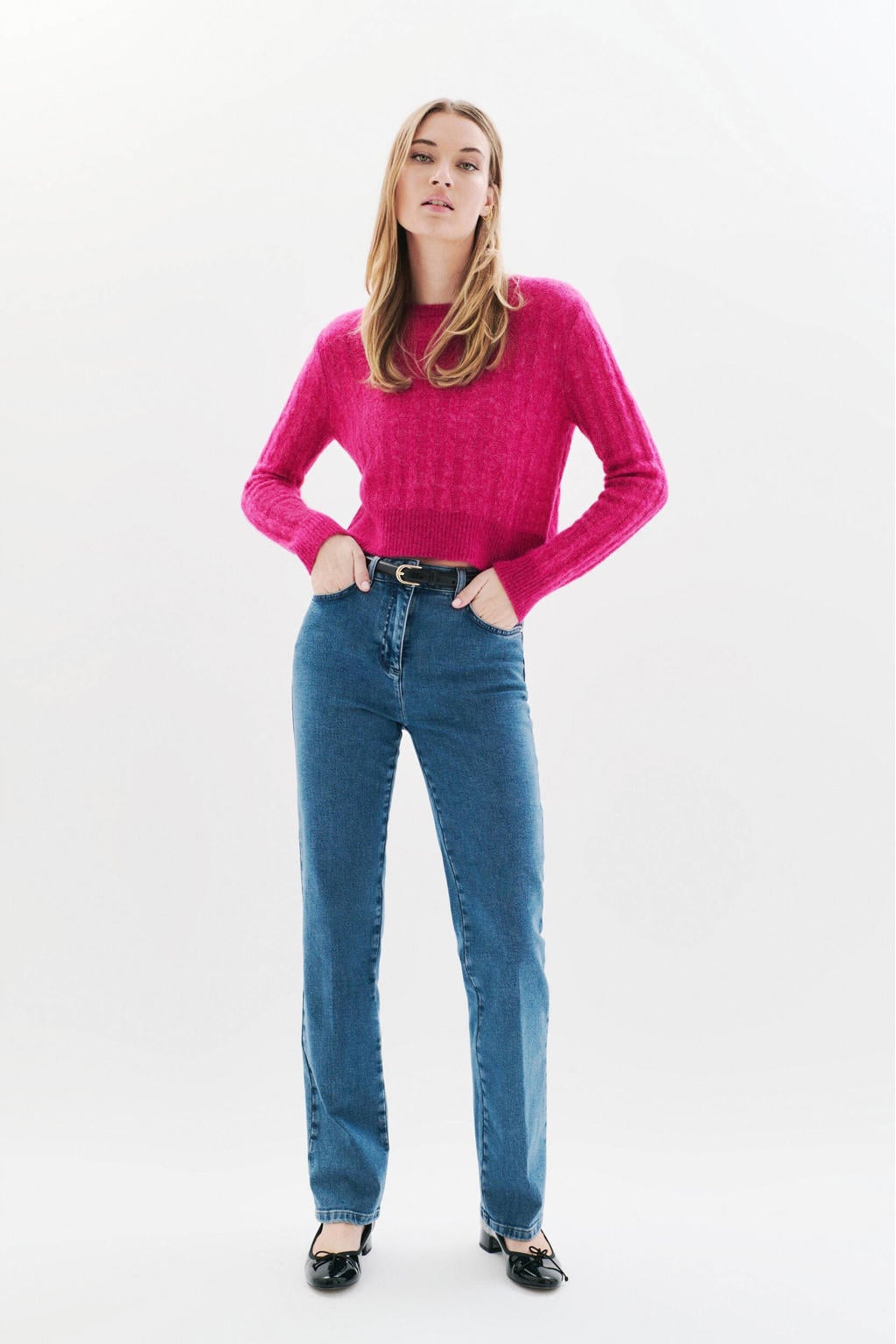 Fuchsia dames Caroll gebreide trui van polyamide met effen, lange mouwen, ronde hals en kabel details