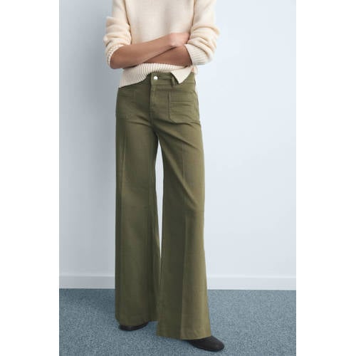 Mango wide leg high waist broek kaki afbeelding