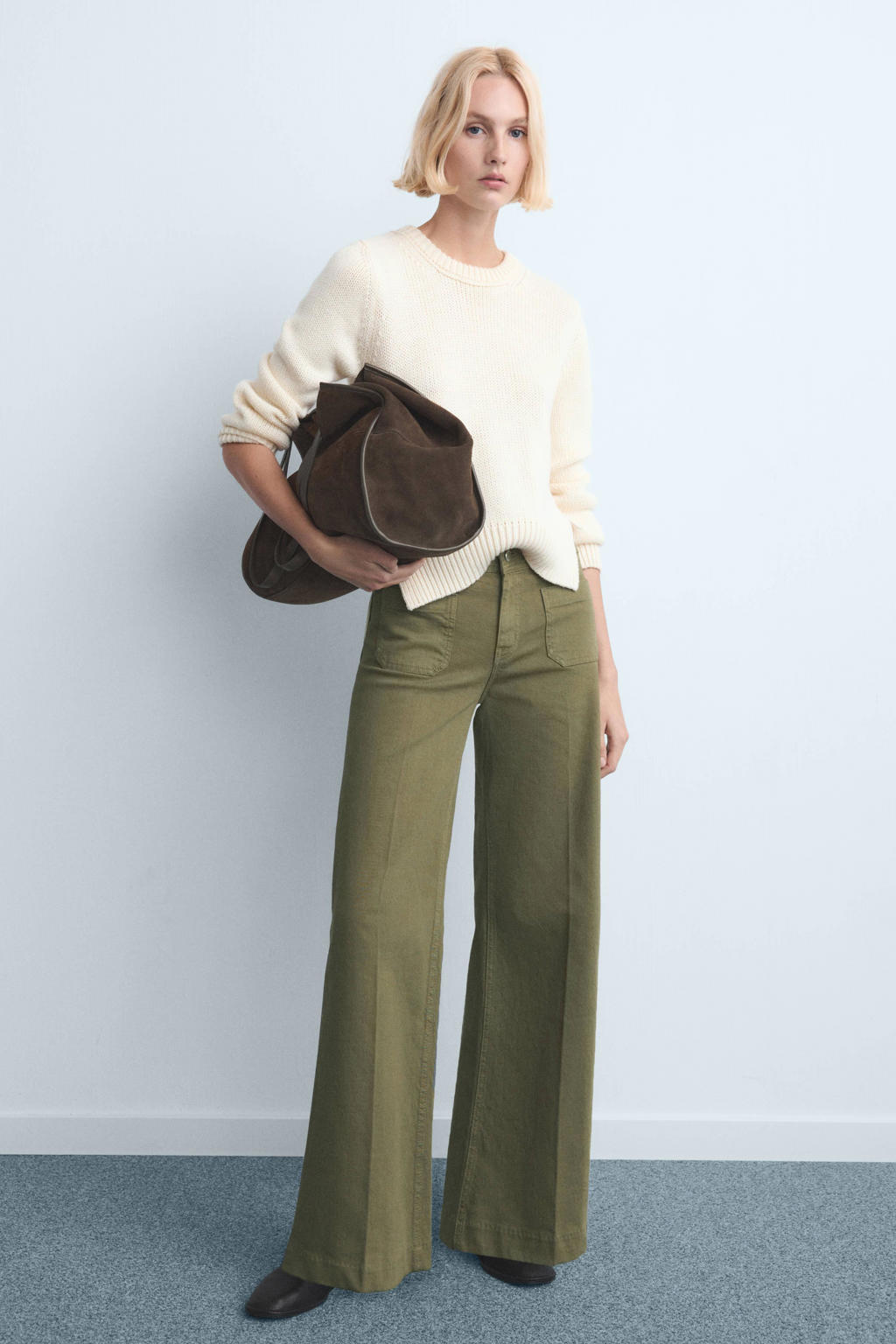 Kakikleurige dames Mango wide leg high waist jeans van denim met rits- en knoopsluiting en effen