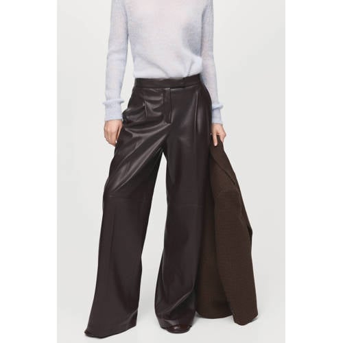 Mango imitatieleren Wide leg regular waist broek donkerbruin afbeelding