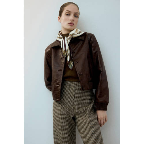Mango Straight high waist broek met pied de poule print bruin afbeelding