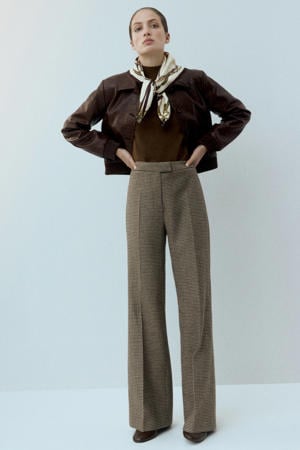 straight high waist broek met pied de poule print bruin