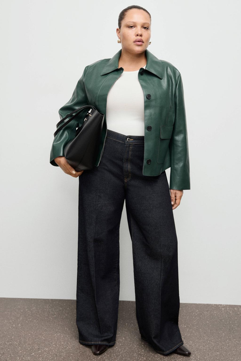 Groene dames Mango imitatieleren jack met lange mouwen en klassieke kraag
