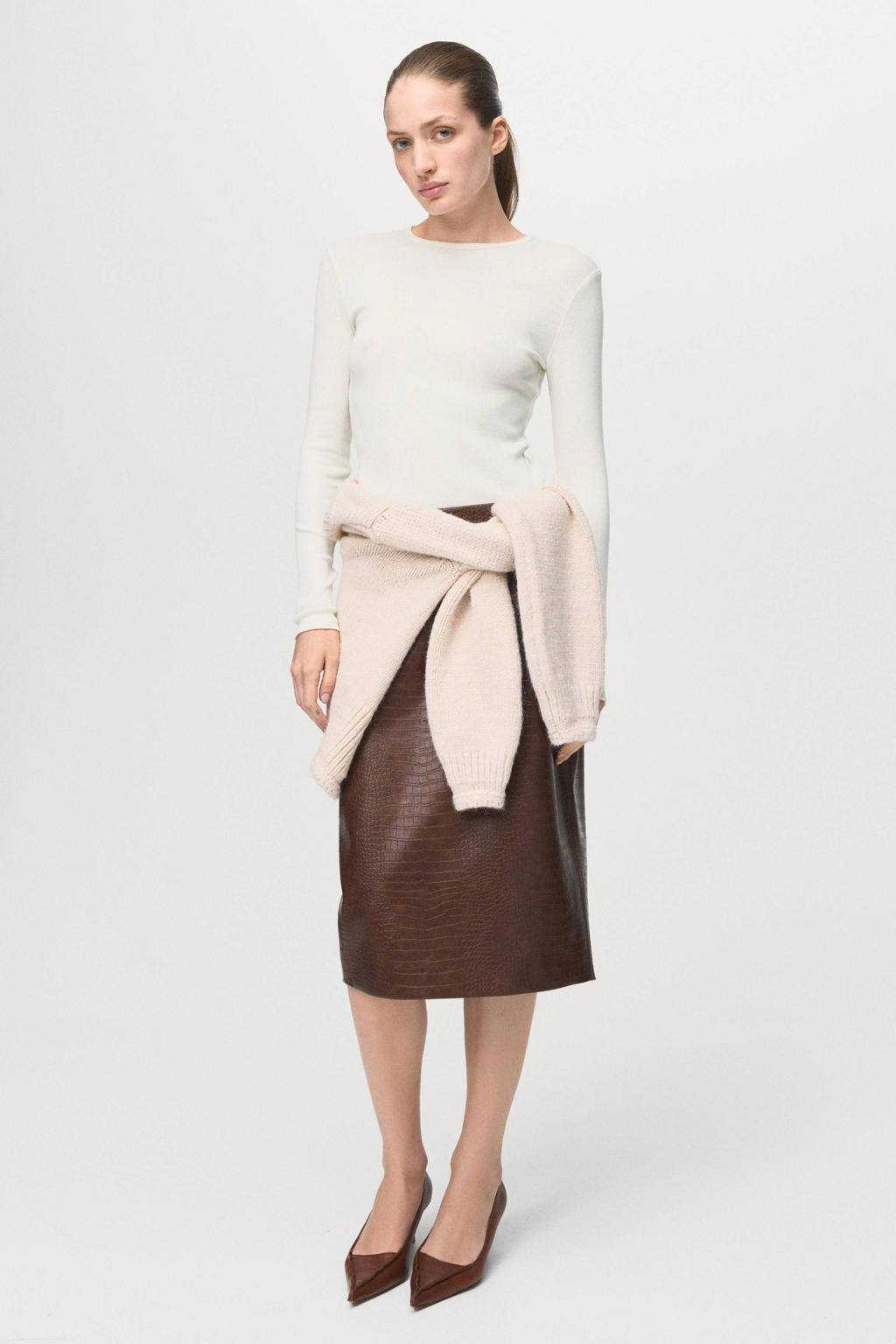 Witte dames Mango top van polyester met effen, lange mouwen en ronde hals