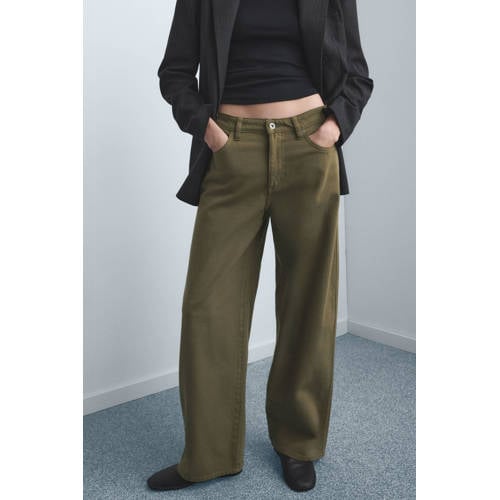 Mango wide leg low waist broek kaki afbeelding