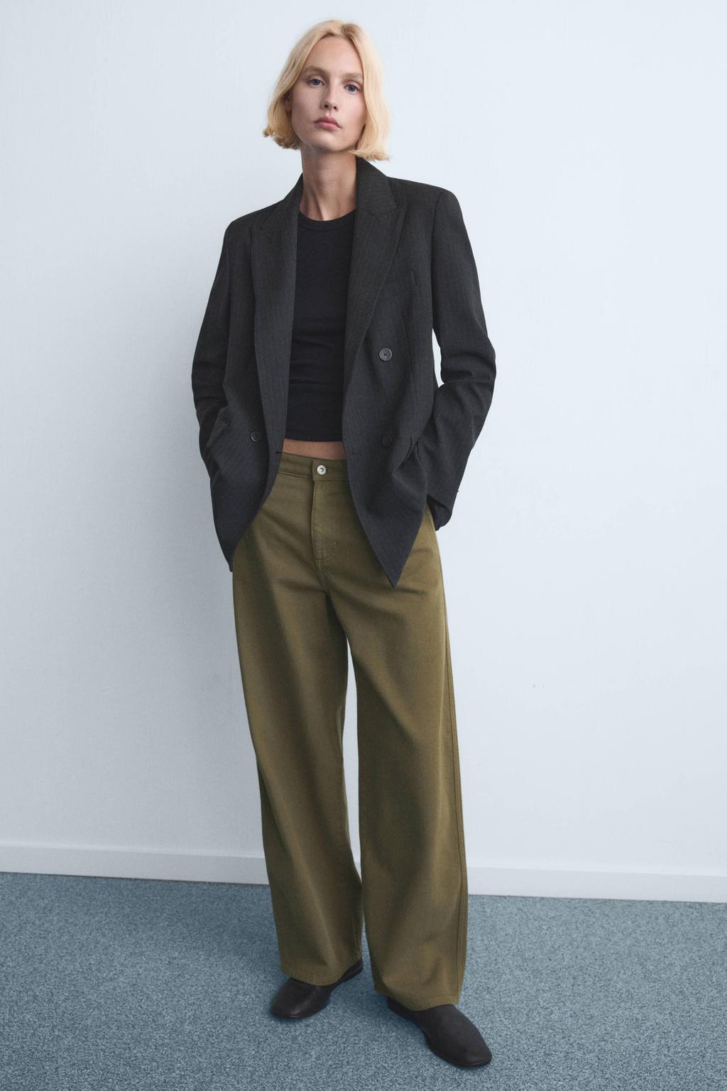 Kakikleurige dames Mango wide leg low waist broek van katoen met rits- en knoopsluiting en effen