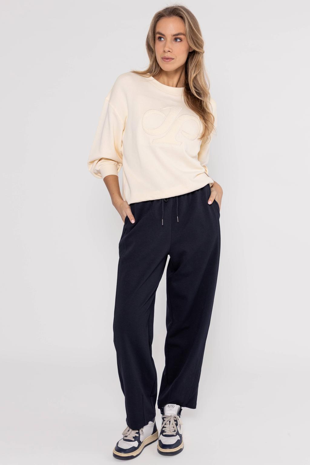 Donkerblauw en witte dames Poools jersey high waist casual broek van polyester met loose fit en elastische tailleband