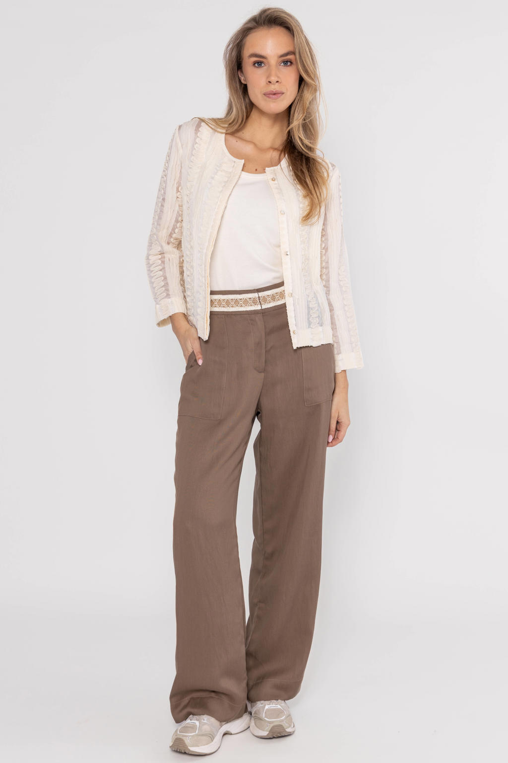 Crème dames Poools blouse van lyocell met effen, lange mouwen, ronde hals, knoopsluiting en borduursels