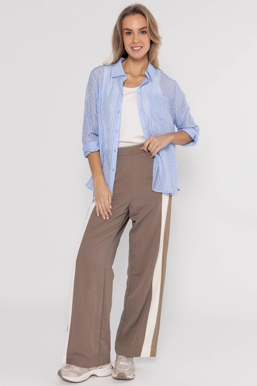 Lichtblauwe dames Poools gestreepte blouse van lyocell met stippenprint, lange mouwen, klassieke kraag, knoopsluiting en semi-transparante details