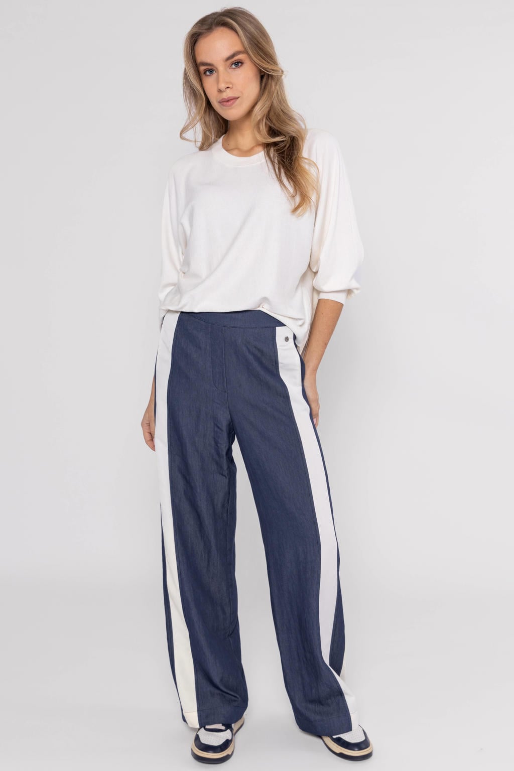 Donkerblauw en ecru dames Poools wide leg high waist gestreepte casual broek