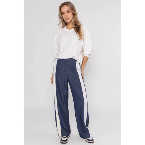 Poools wide leg high waist gestreepte casual broek donkerblauw afbeelding