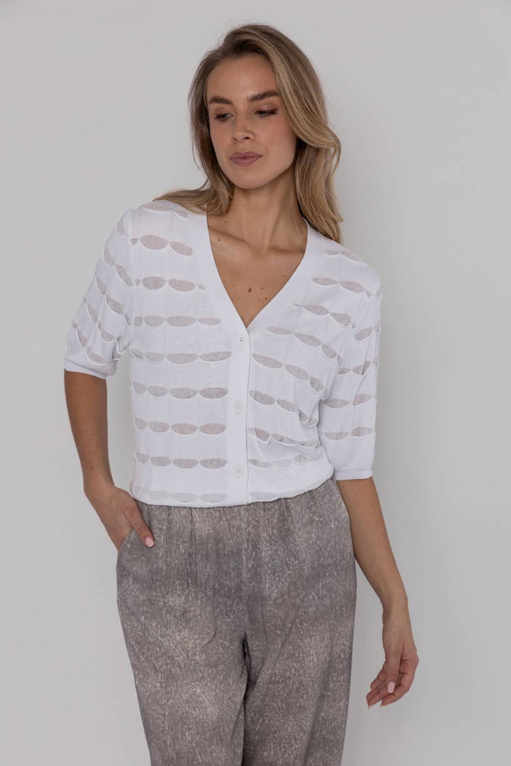 Witte dames Poools gestreepte gebreid vest van viscose met half lange mouwen, V-hals en knoopsluiting